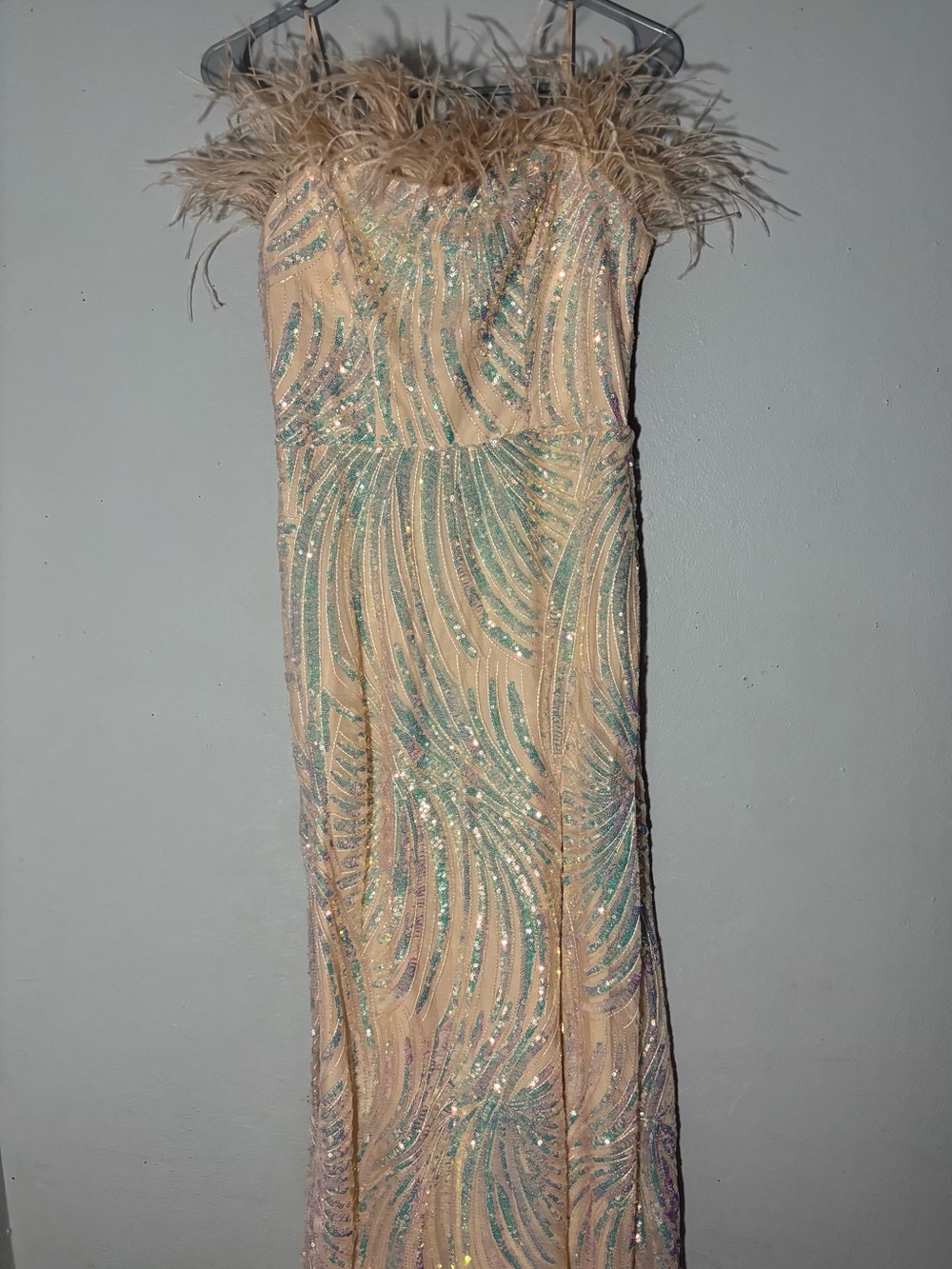 B. Smart Pink Sequin Feather-Trim Gown